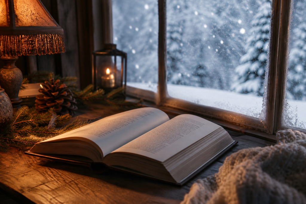 Книжка з віршами на столі в затишній зимовій кімнаті