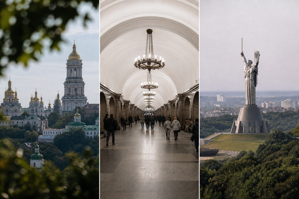 Києво-Печерська Лавра, станція «Арсенальна» і пам’ятник «Батьківщина-мати»