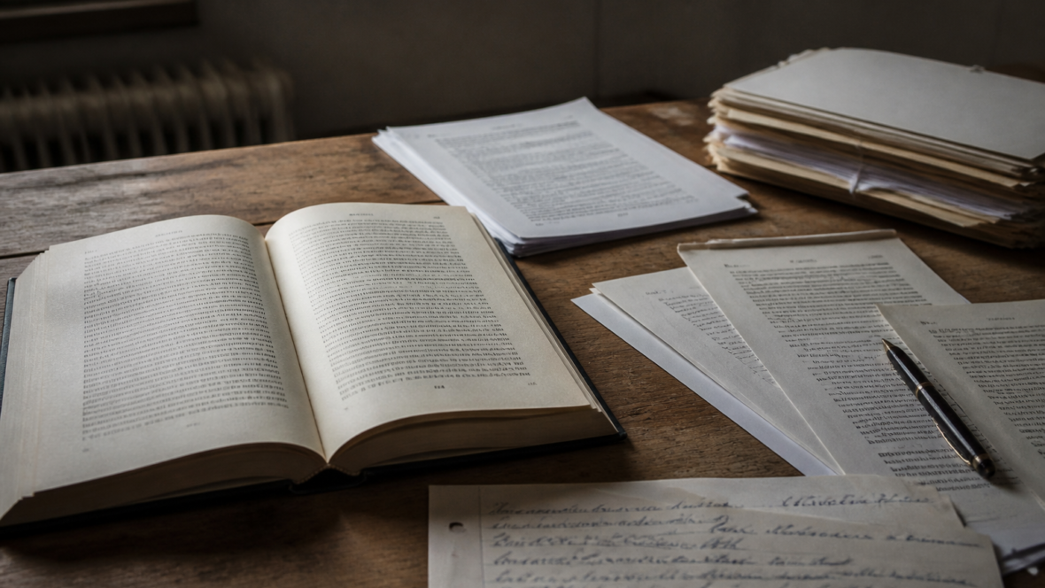 Книжка і документи на столі, приглушене природне світло