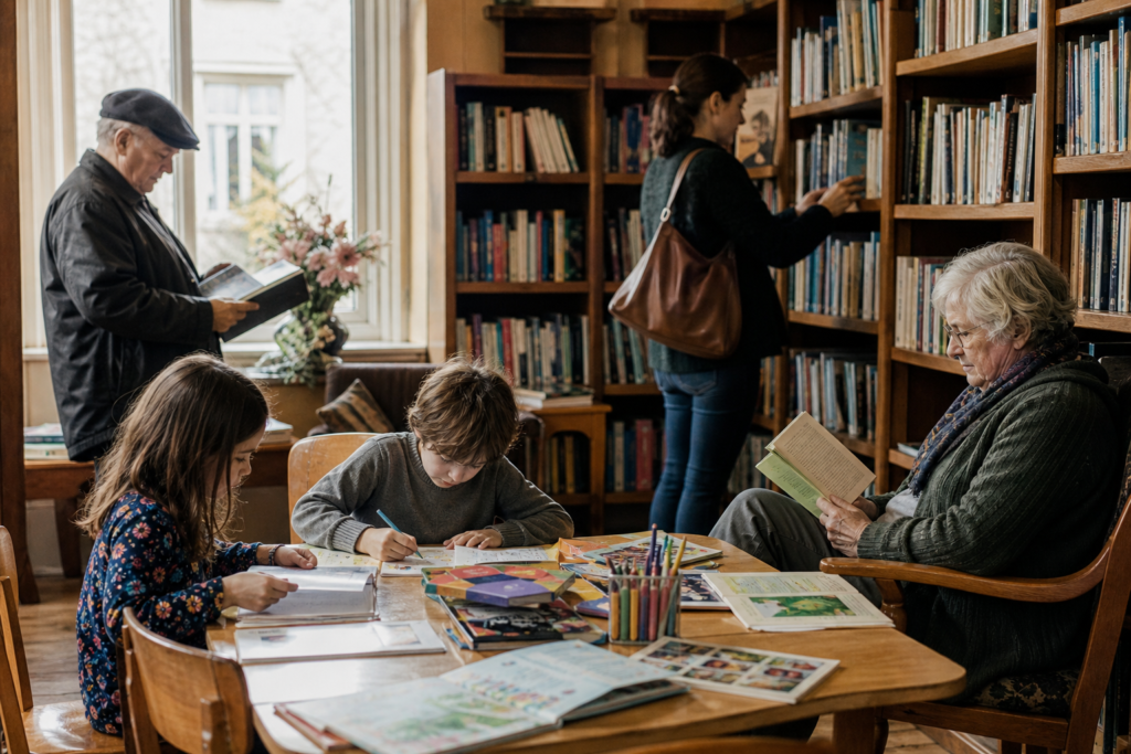 Інтер'єр бібліотеки-філії с. Гійче, полиці з книжками та читальні столики
