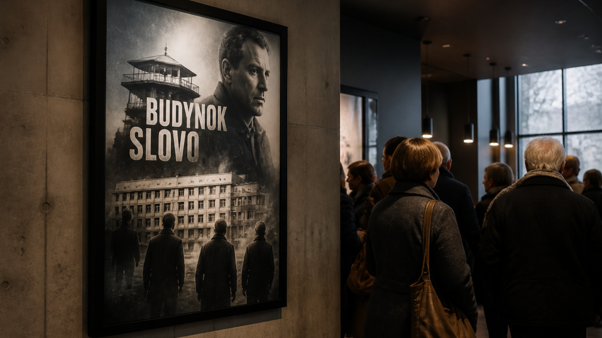 Постер англомовної версії фільму Будинок “Слово” в кінотеатральному лобі