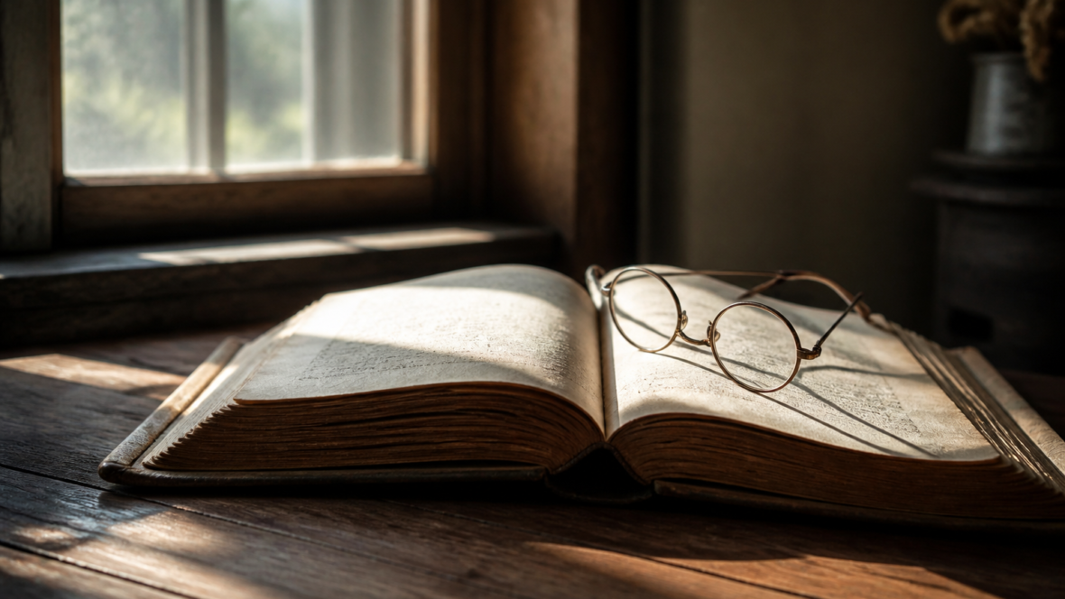 Відкрита вінтажна книга з окулярами на сторінках при теплому денному світлі